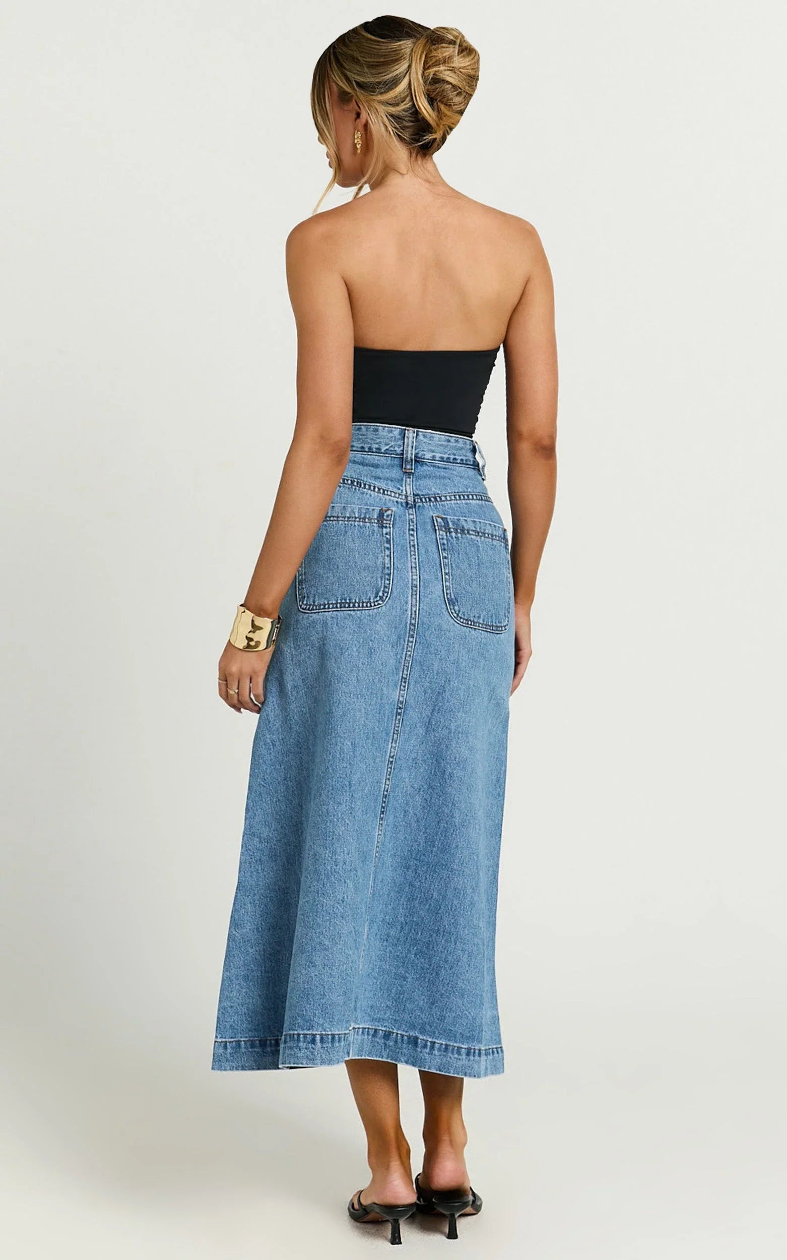 Alisa Midi Skirt - Button Through A Line Denim in Mid Blue Wash