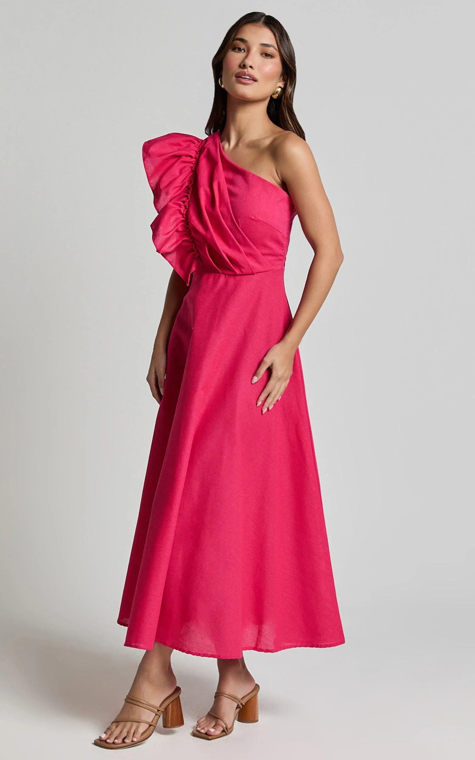 Dixie Midi Dress - Linen Look One Shoulder Ruffle Dress in Raspberry