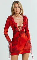 Alesya Mini Dress - Ruffle Plunge Neck Long Sleeve Tie Detail Dress in Abstract Adeana Print