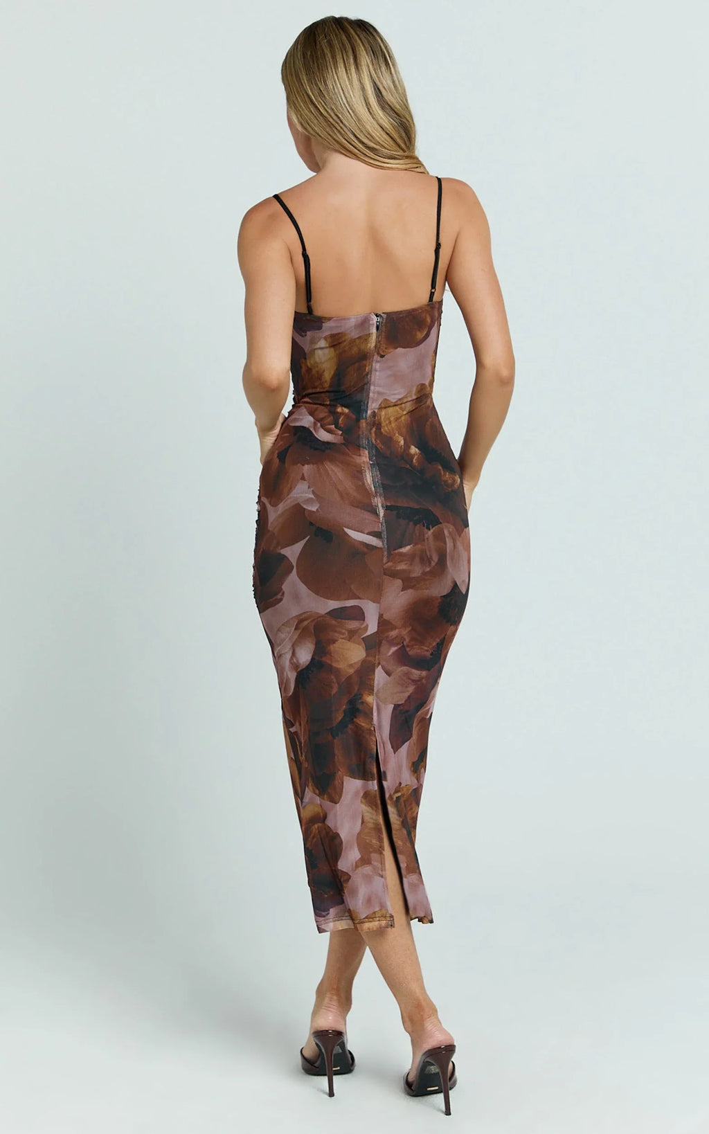 Rosalez Midi Dress - Strappy Ruched Bodycon Dress in Ember Floral