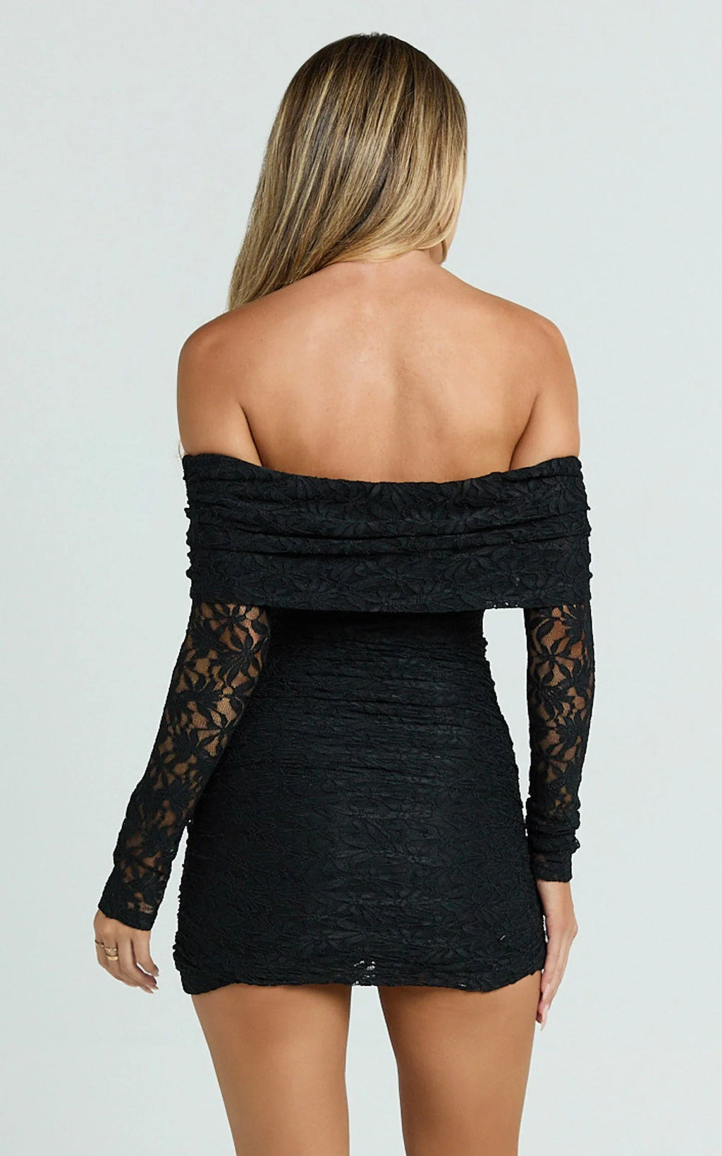 Jensen Mini Dress - Off Shoulder Stretch Lace Bodycon Dress in Black