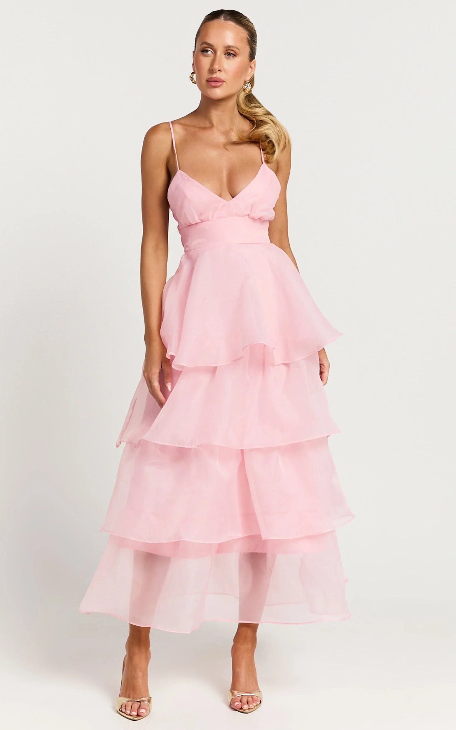 Cindy Midi Dress - Layered Skirt Dress in Soft Pink