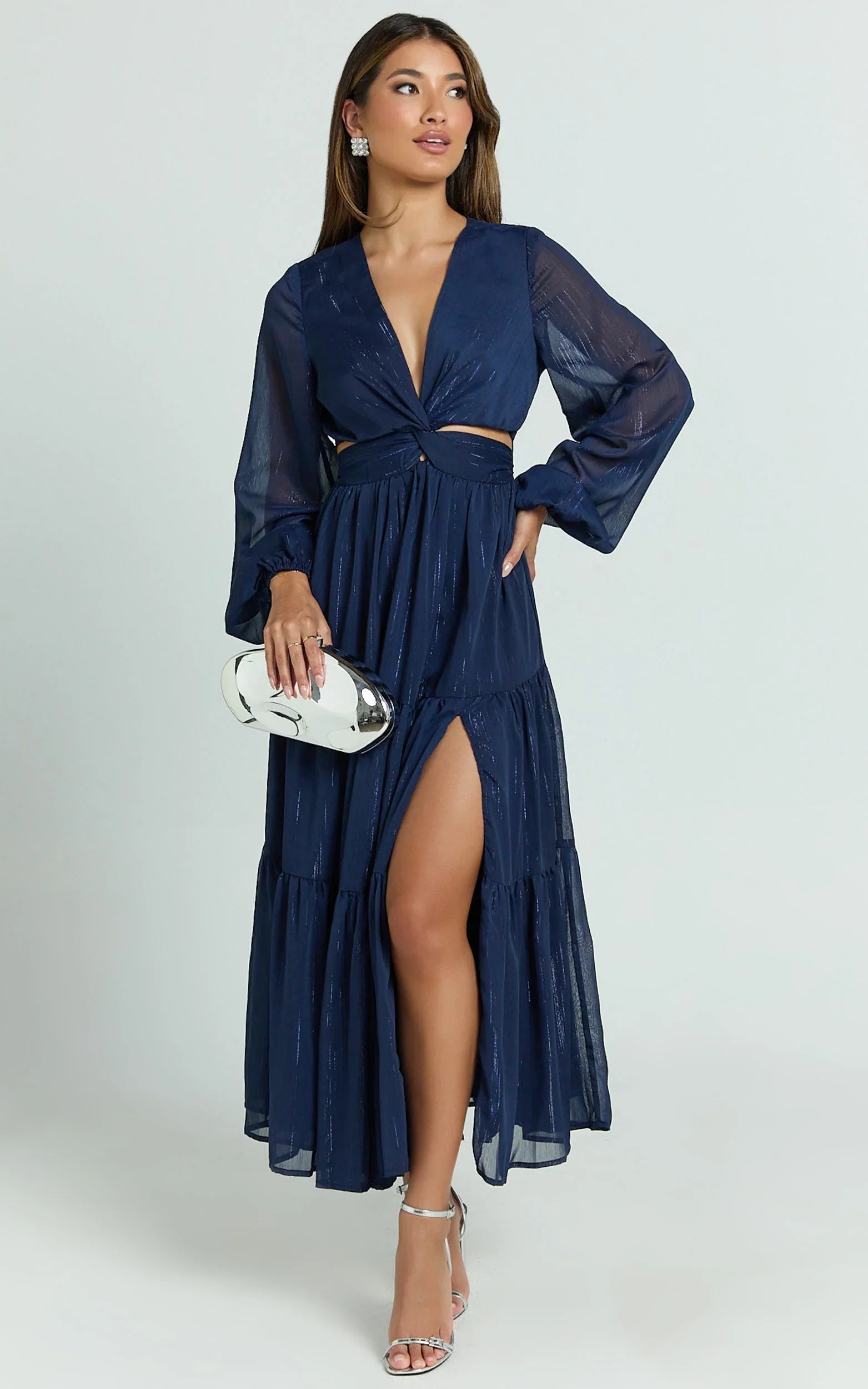 Edelyn Midi Dress - Cut Out Balloon Sleeve Tiered Dress in Navy