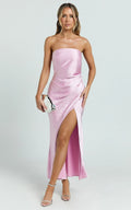 Glenda Midi Dress - Satin Strapless Side Split Dress in Pink