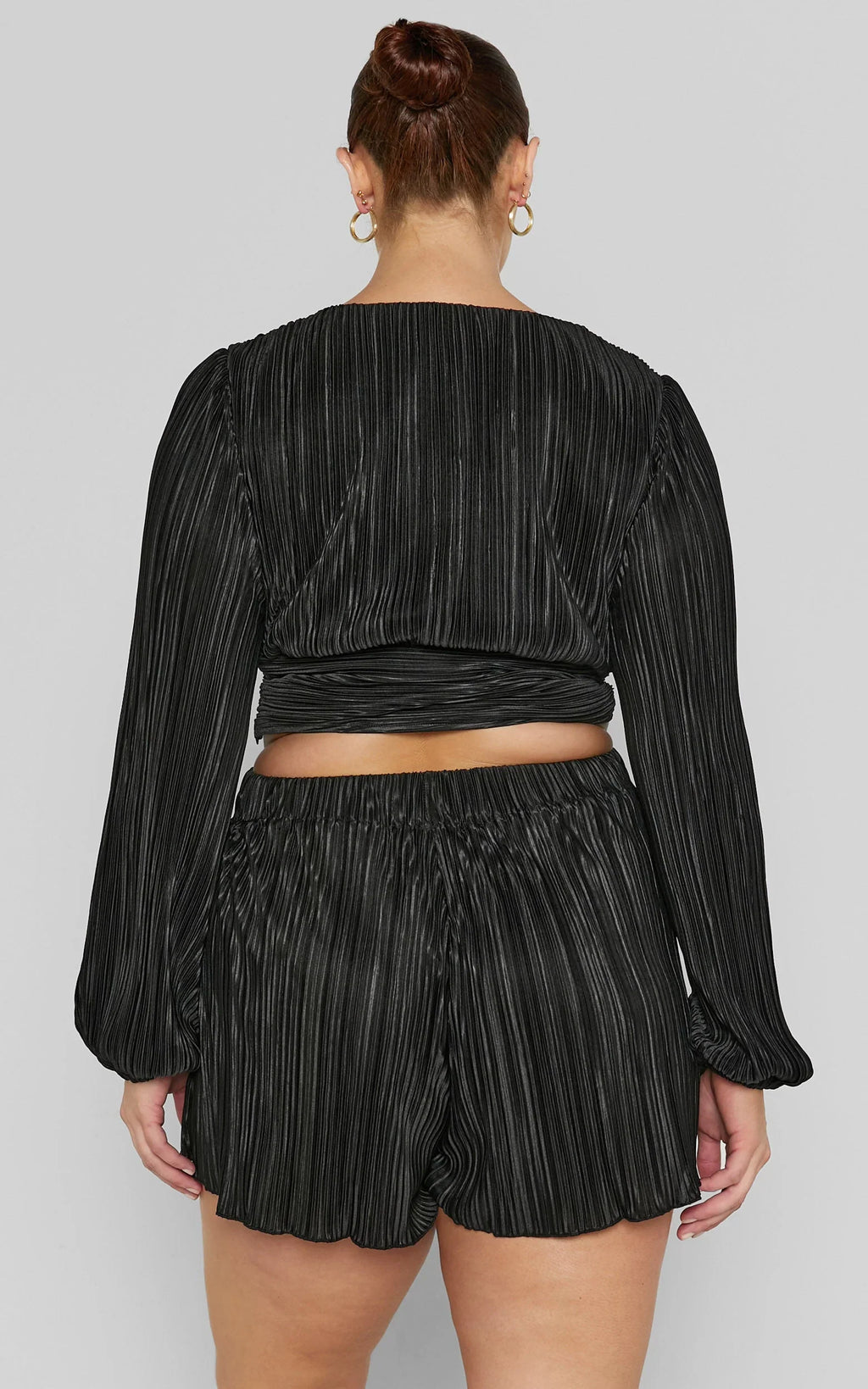 Jondra Blouse - Ruched Front Long Sleeve Plisse Blouse in Black