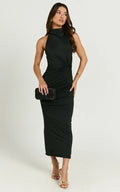 Olenna Midi Dress - Halter Neck Twist Detail Tie Back Dress in Black