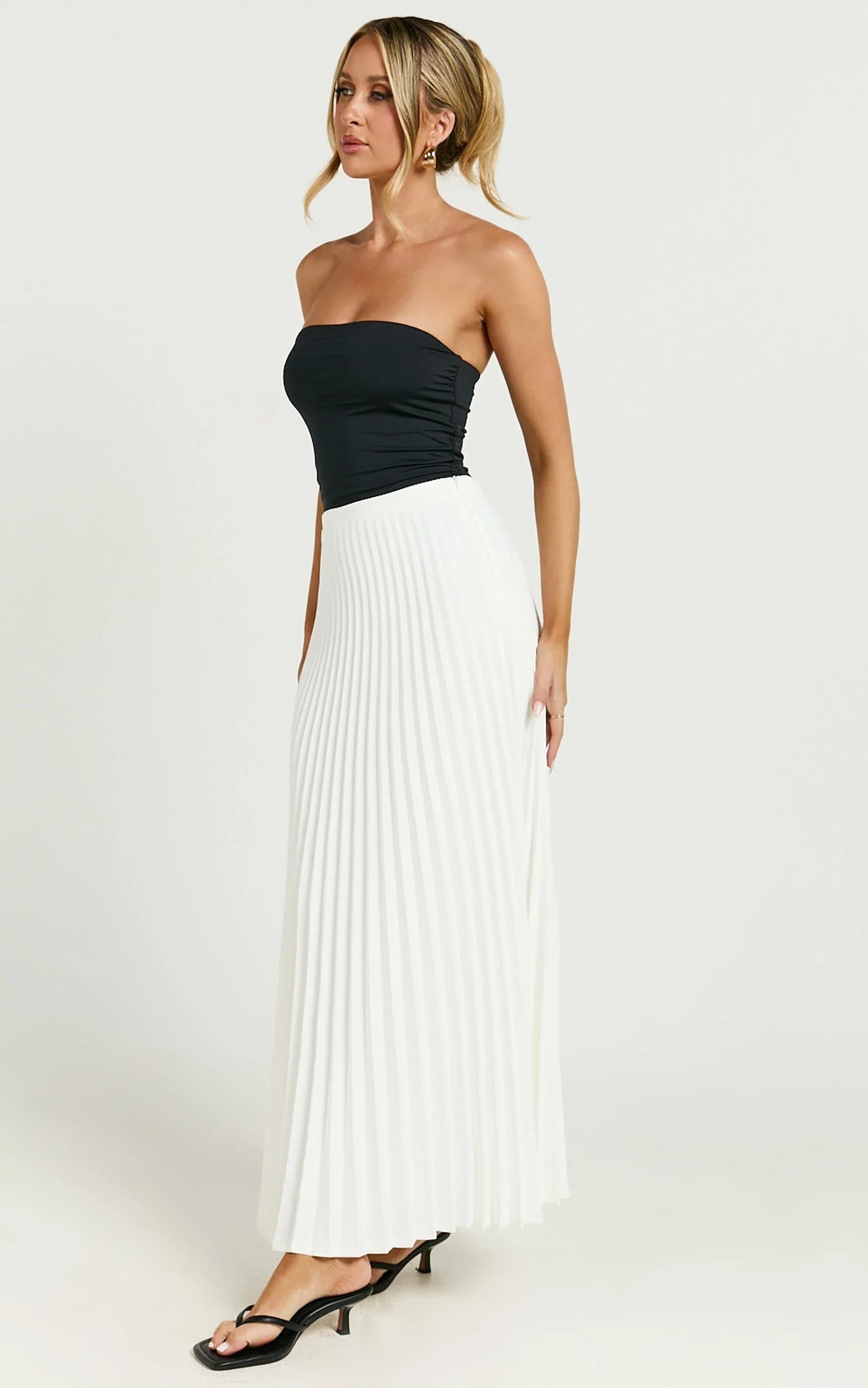 Harlee Midi Skirt - Pleated High Waist A Line Skirt in White
