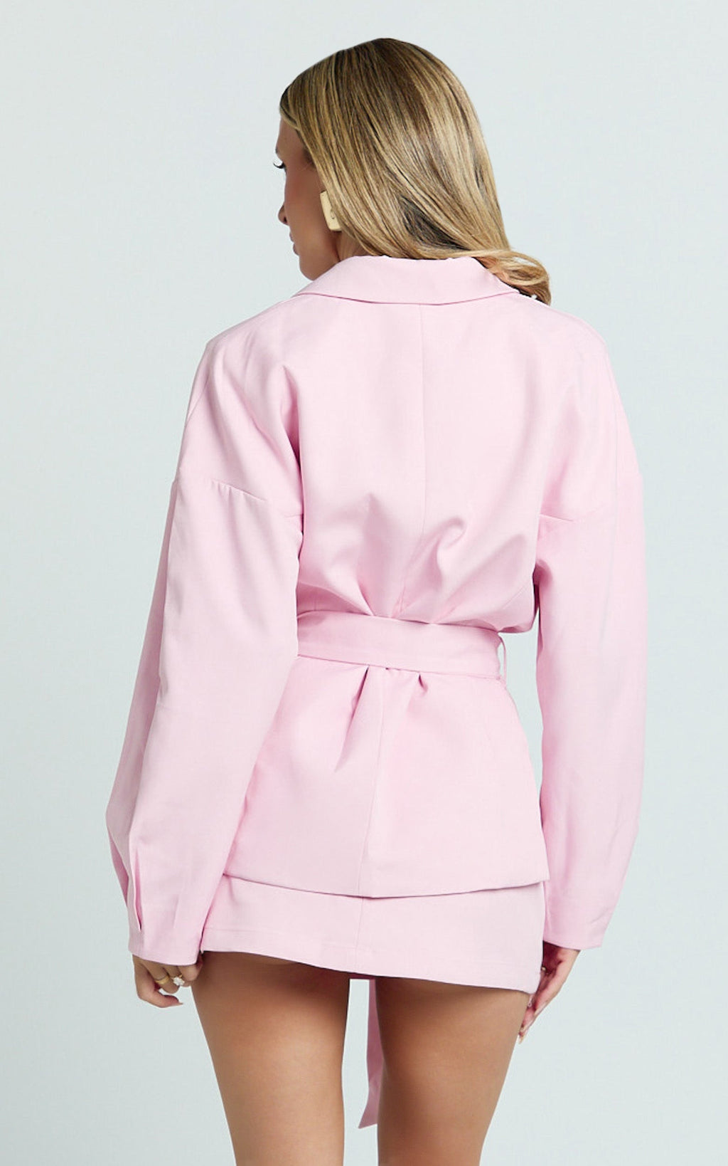 Adela Jacket - Cocoon Sleeve Cinched Waist Self Belt Jacket in Pale Pink