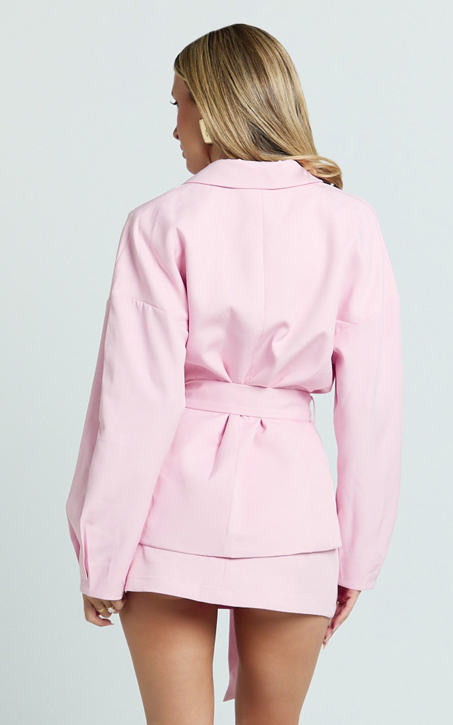 Adela Jacket - Cocoon Sleeve Cinched Waist Self Belt Jacket in Pale Pink