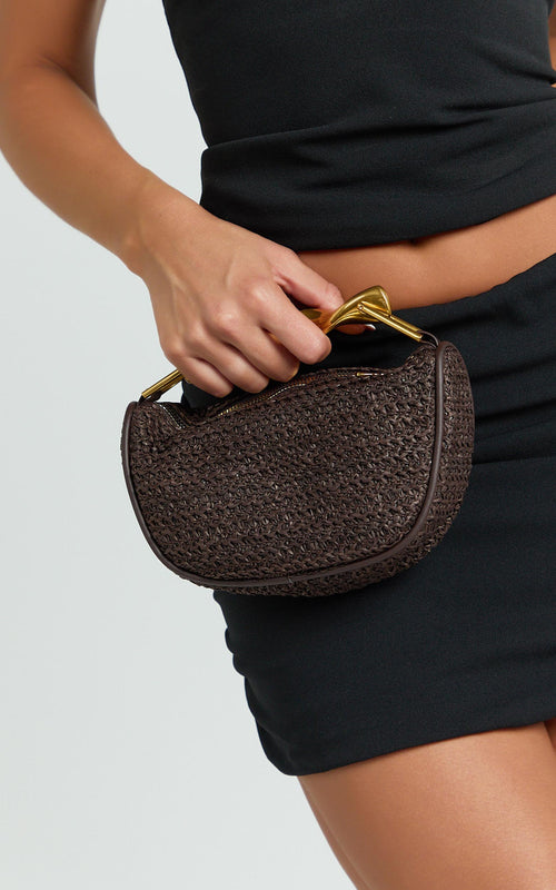 Alena Straw Gold Handle Bag in Coffee
