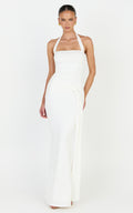 Amaya Maxi Dress - Draped Sash Halter Dress in White