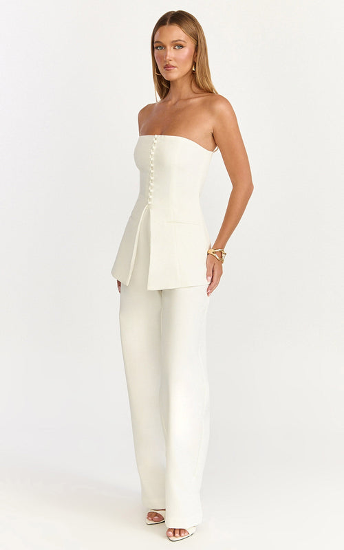 Amelia Two Piece Top and Pant Set - Strapless Button Down Top And Tailored Wide Leg Pants Set in White