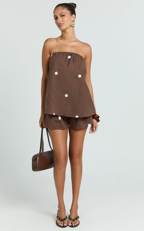 Amy Two Piece Set - Strapless Top and Short Set in Chocolate Polka Dot