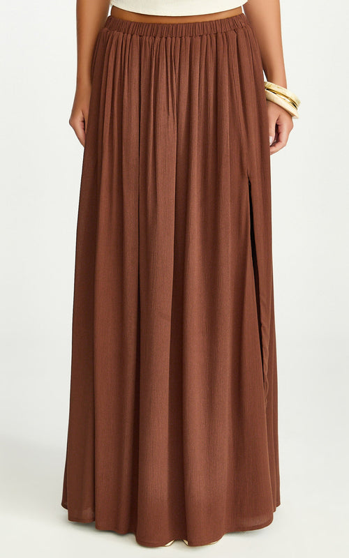 Anessa Maxi Skirt - Elastic Waist Maxi Skirt With Thigh Split in Mocha