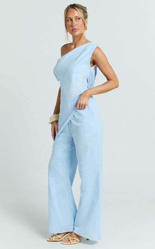 Annalie Two Piece Top and Pants Set - Off Shoulder Linen Set in Baby Blue
