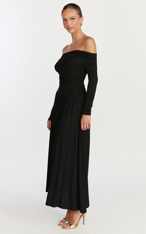 Antonia Midi Dress - Off The Shoulder Long Sleeve Dress in Black