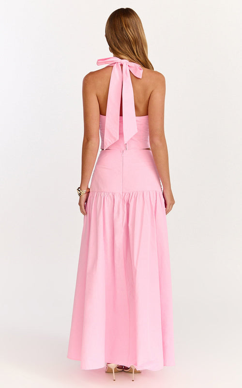 Anya Two Piece Top and Skirt Set - Gathered Halted Neck Top And High Waist  Maxi Skirt in Pink
