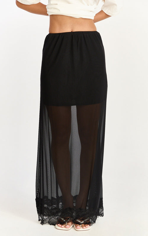 Arabella Maxi Skirt - Sheer with Lace Trim Skirt in Black