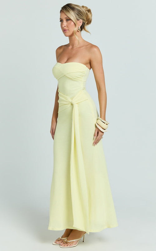 Aria Midi Dress - Strapless Tie Waist Dress in Lemon