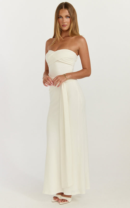 Aria Midi Dress - Strapless Tie Waist Dress in Off White