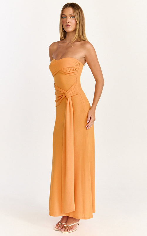 Aria Midi Dress - Strapless Tie Waist Dress in Orange