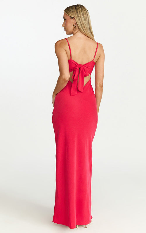 Arlette Midi Dress - Strappy V Neck Under Bust Gathered Tie Front Bias Slip Skirt Dress in Red