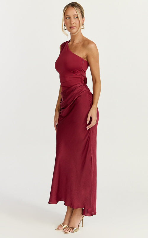 Astrid Midi Dress - One Shoulder Contrast Satin Dress in Wine
