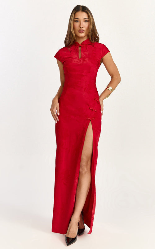 Atalia Maxi Dress - Mandarin Collar Jacquard Cap Sleeve Dress in Red