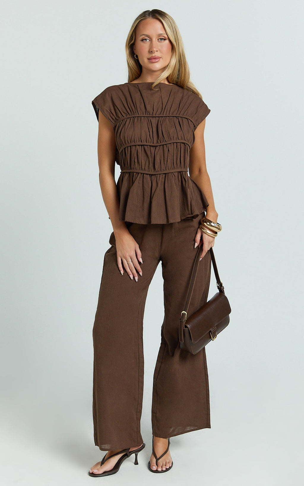Auric Two Piece Set - Ruched Detail Top and Wide Leg Pants Set in Brown
