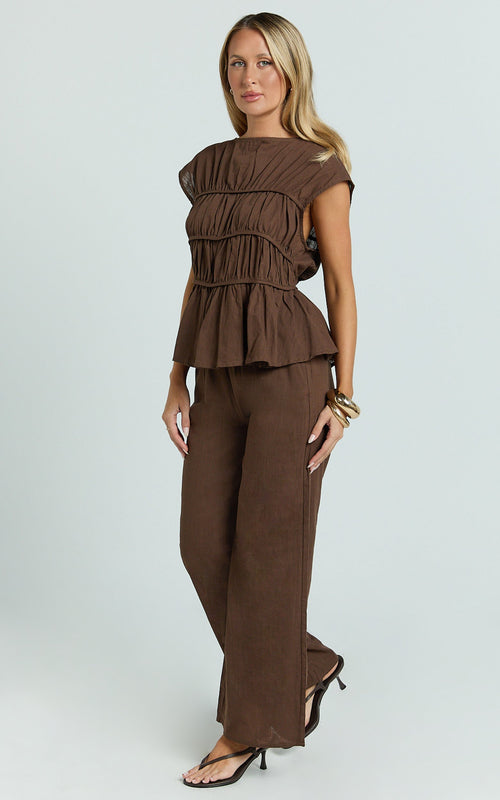 Auric Two Piece Set - Ruched Detail Top and Wide Leg Pants Set in Brown
