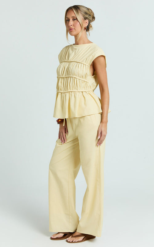 Auric Two Piece Set - Ruched Detail Top and Wide Leg Pants Set in Lemon