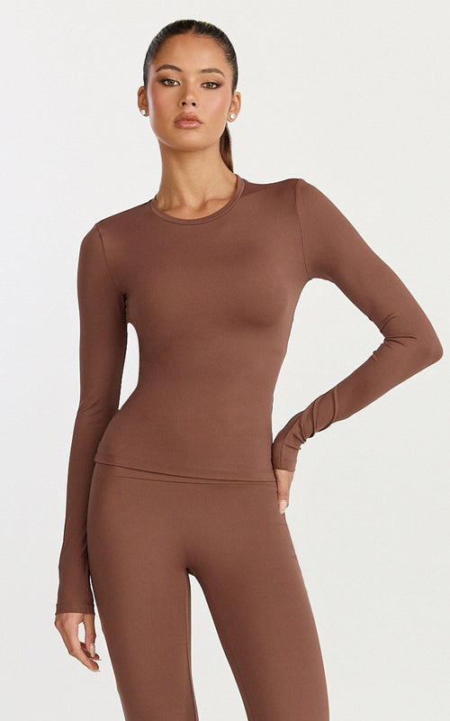 Aurora Top - Crew Neck Long Sleeve Top in Cocoa Bean