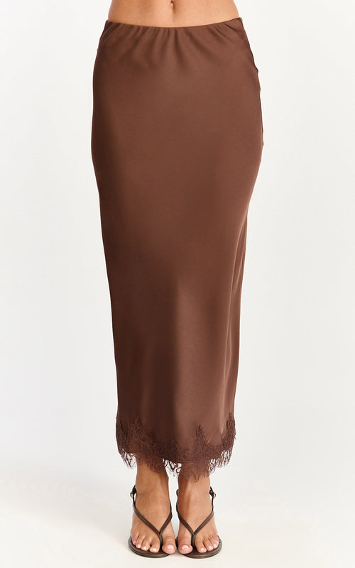 Ava Midi Skirt - Mid Waist Lace Trim Slip Skirt in Chocolate
