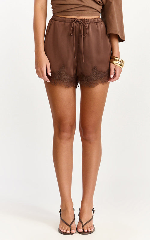 Ava Shorts - Lace Trim Elasticated Waist Shorts in Chocolate