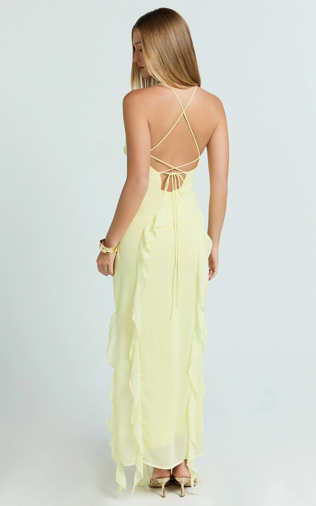 Connie Midi Dress - Ruffle Detail Dress in Lemon