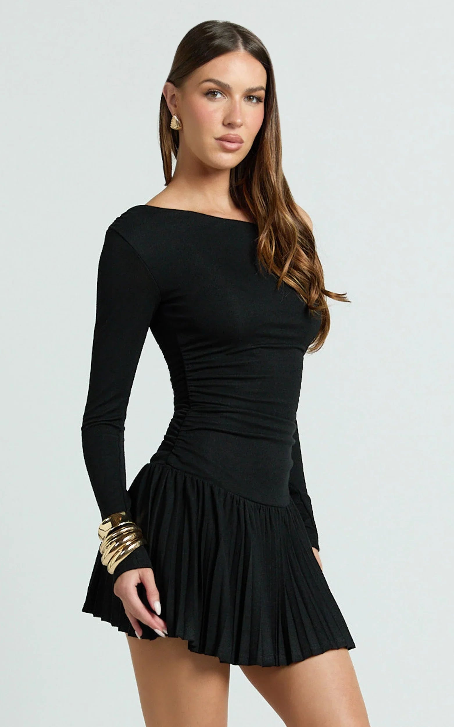 Presley Mini Dress - One Shoulder Ruched Side Pleated Fit And Flare Dress in Black