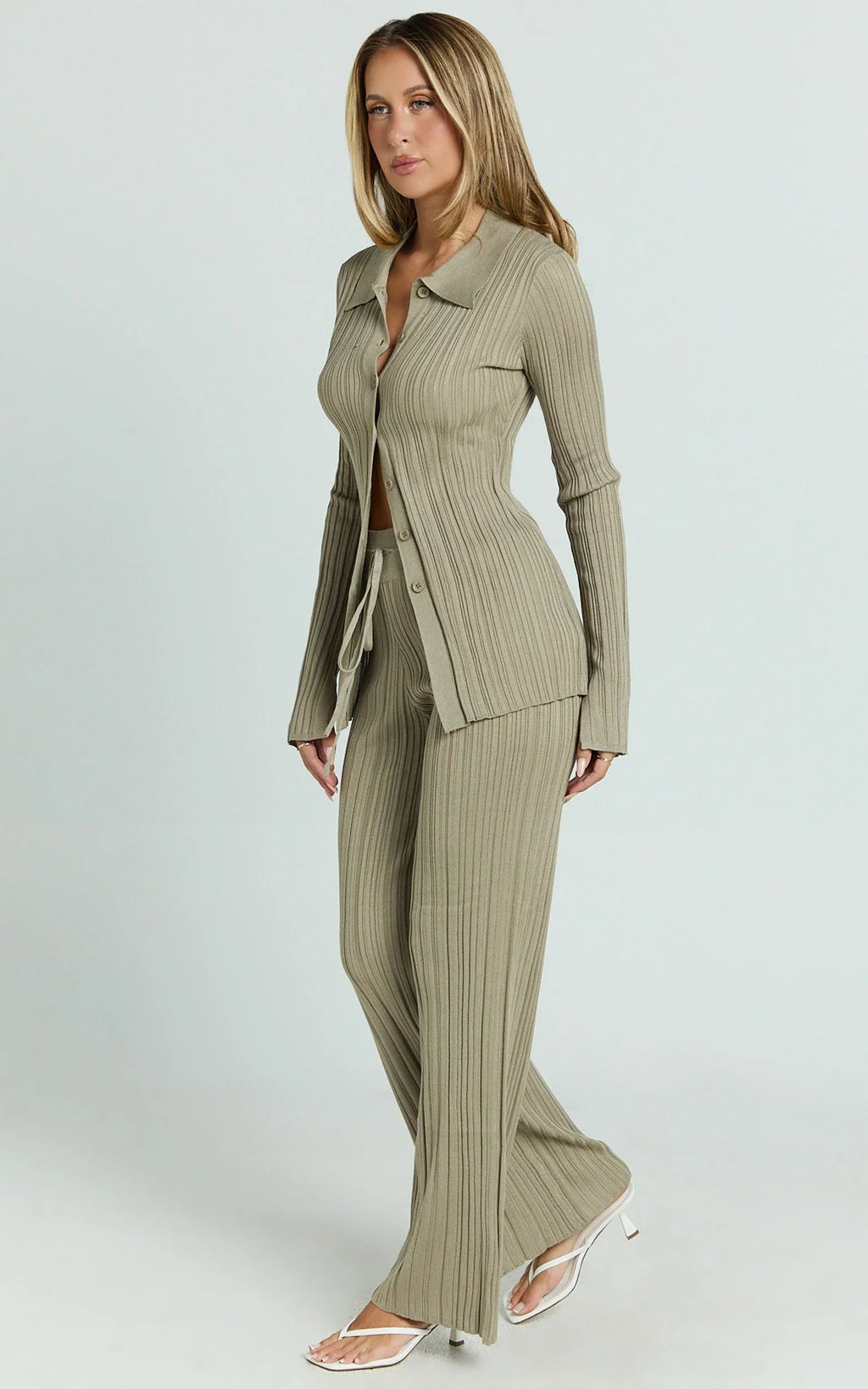 Kelsey Top - Button Through Long Sleeve Knitted Top in Taupe