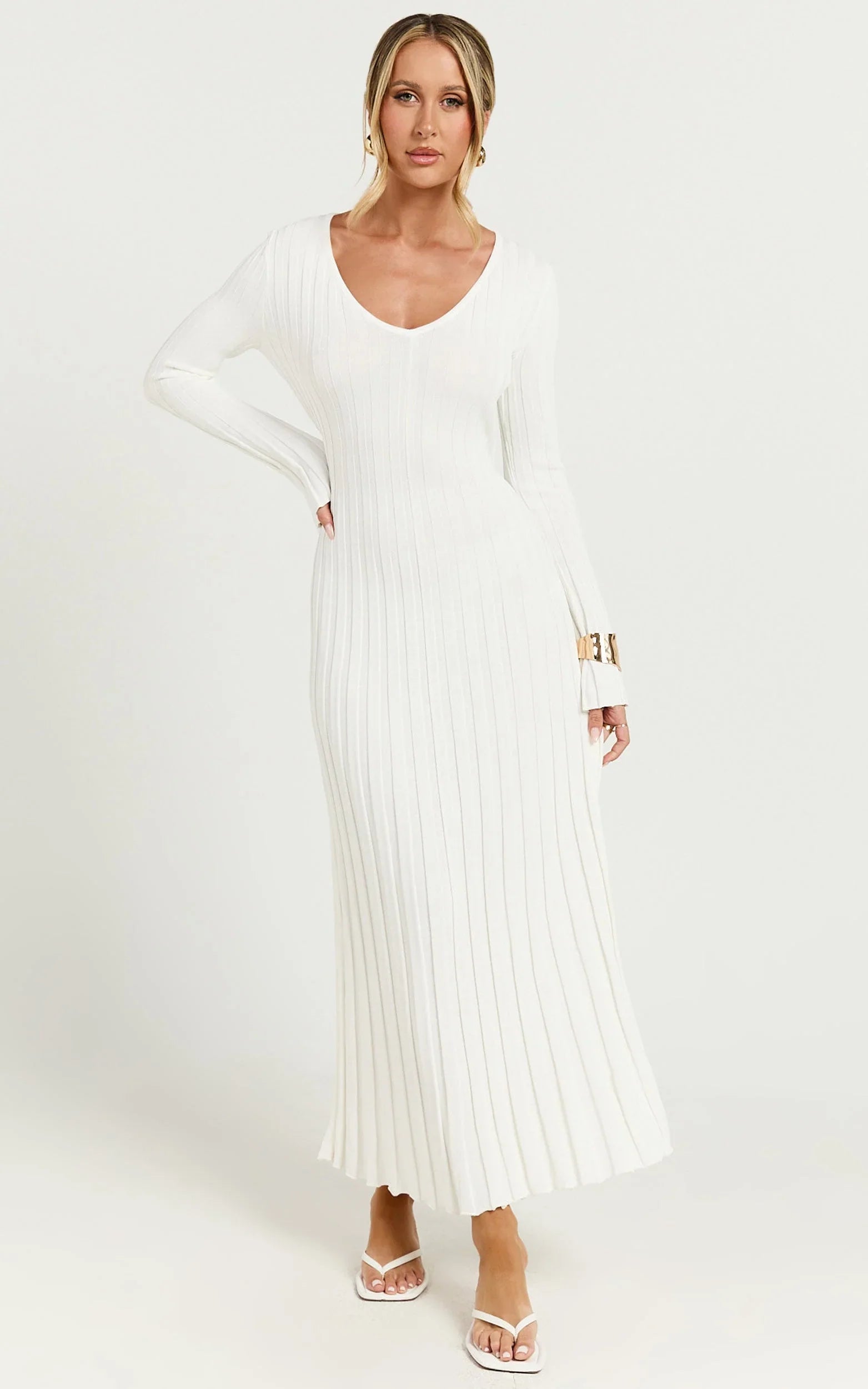 Astra Maxi Dress - V Neck Long Sleeve Knit Dress in White