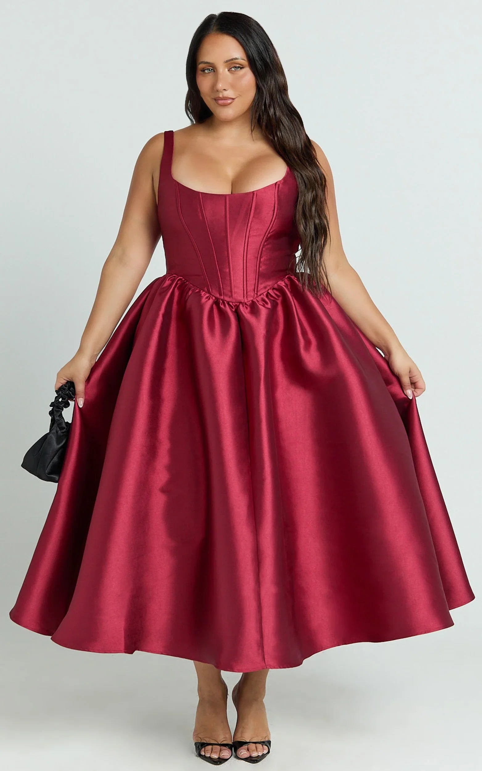 Courtney Midi Dress - Corset Panel Low Back Dress in Wine
