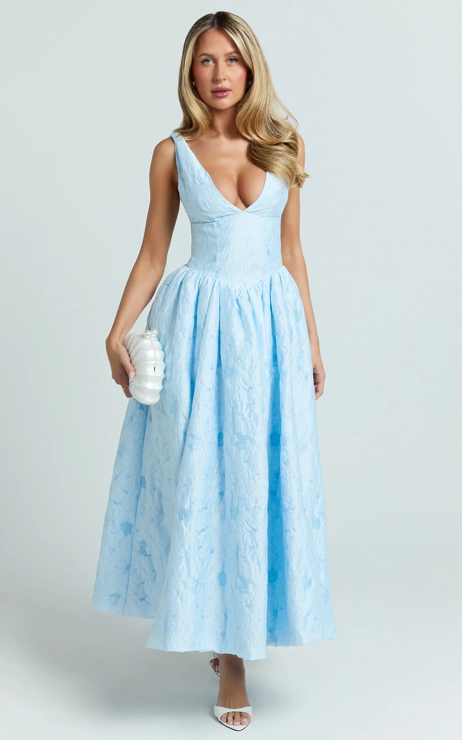 Posie Midi Dress - Jacquard Fit And Flare Dress in Blue