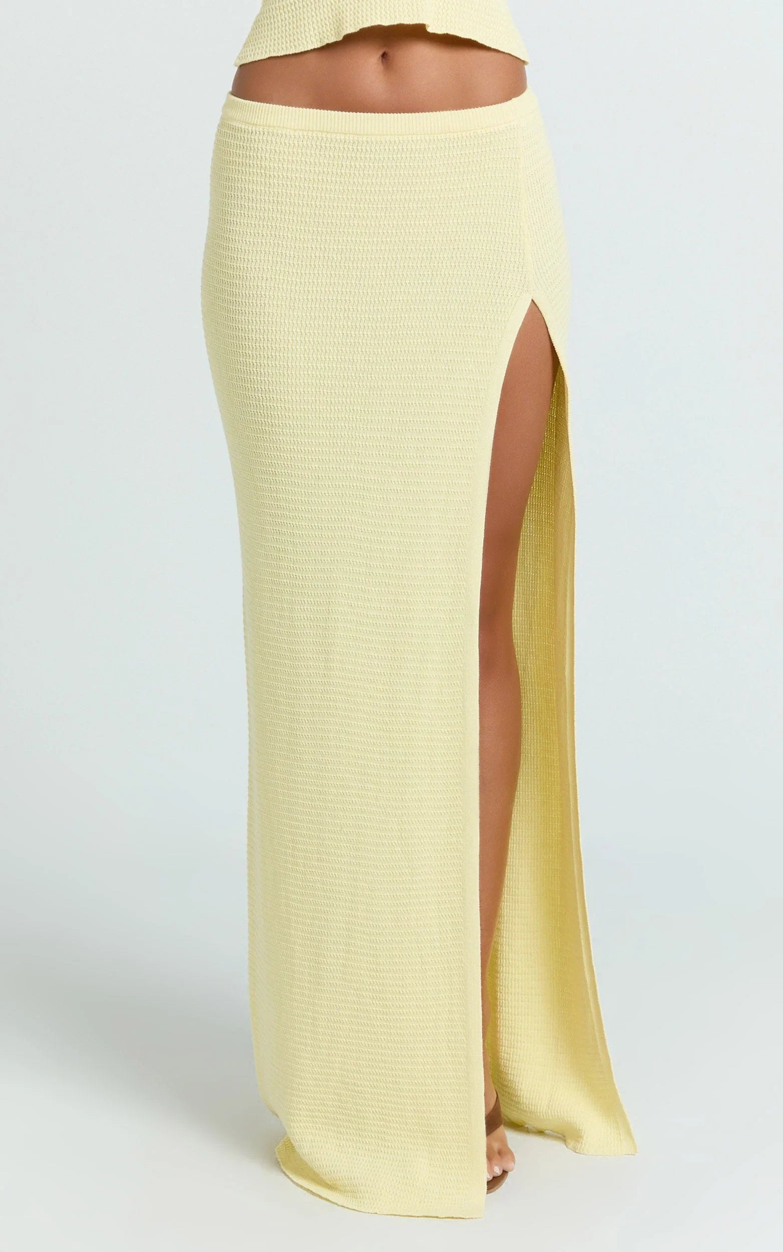 Agnes Maxi Skirt - Low Waist Thigh Split Crochet Maxi Skirt in Lemon
