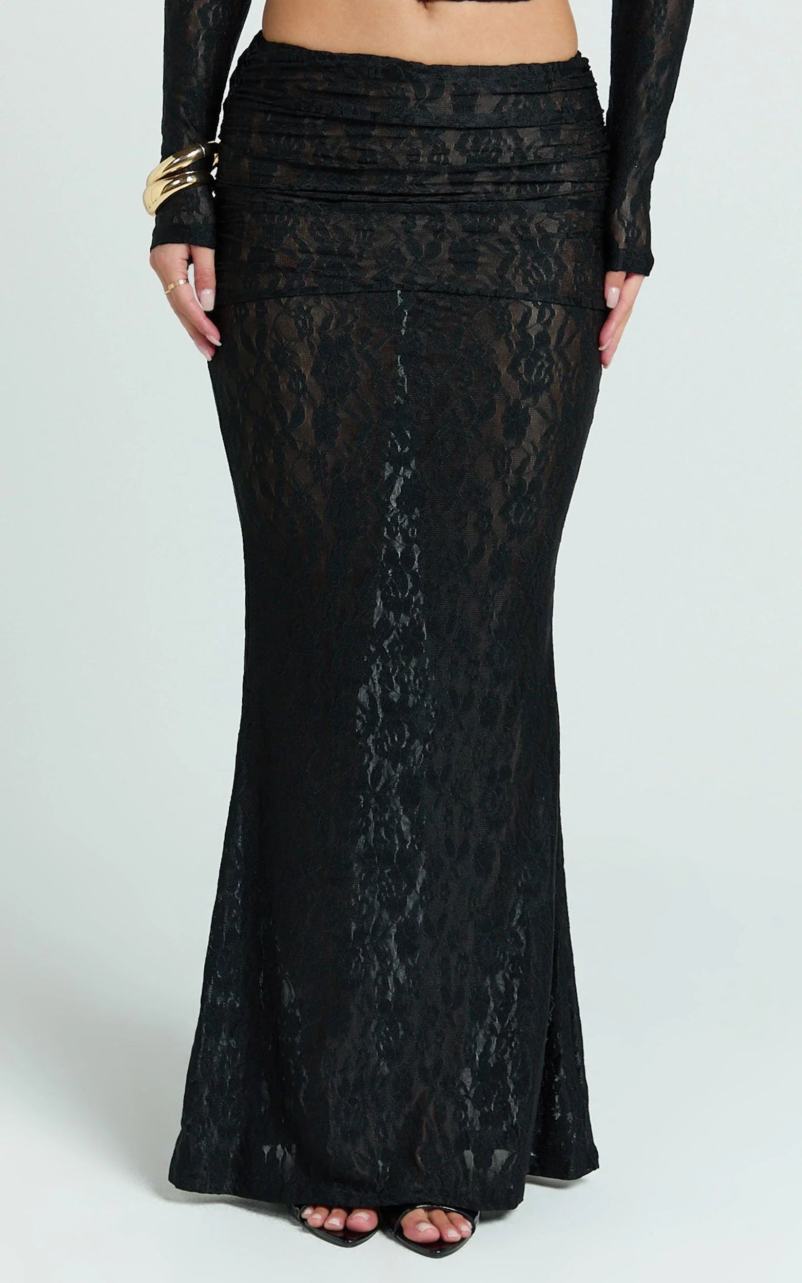 Kathleen Maxi Skirt - Mid Rise Ruched Wide Band Fishtail Jersey Skirt in Black