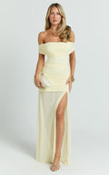 Leticia Maxi Dress - Mesh Off Shoulder Ruched High Split Dress in Lemon