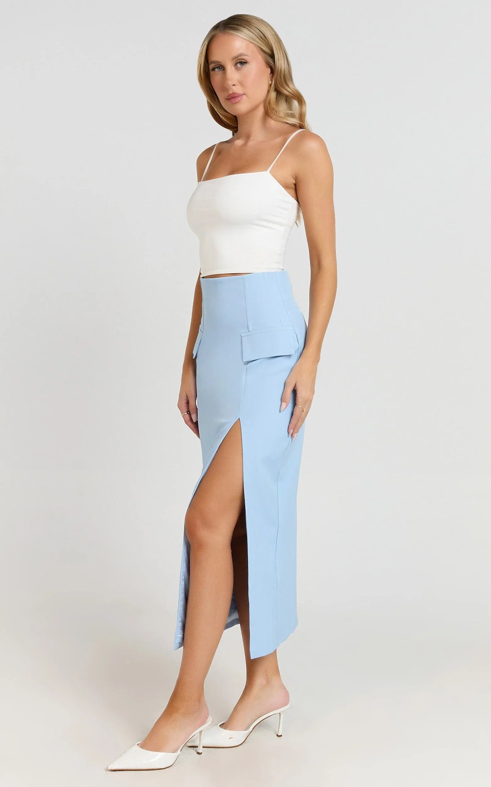 Davie Midi Skirt - High Waist Split Front Skirt in Ice Blue