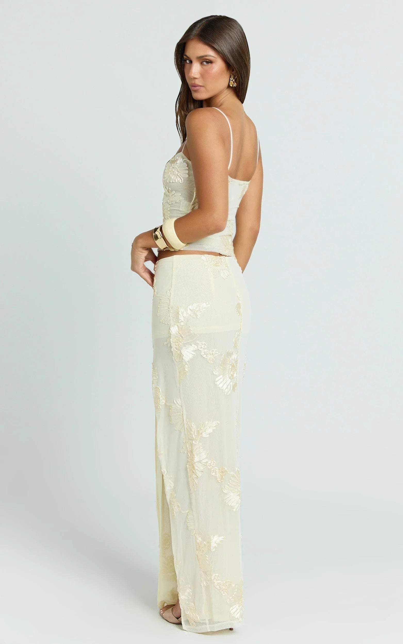 Jelena Maxi Skirt - Embroidered Floral Mid Waist Bodycon Skirt in Lemon