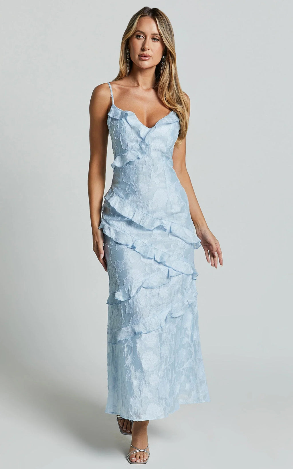 Michaela Midi Dress - Jacquard Ruffle Detail Tiered Dress in Light Blue
