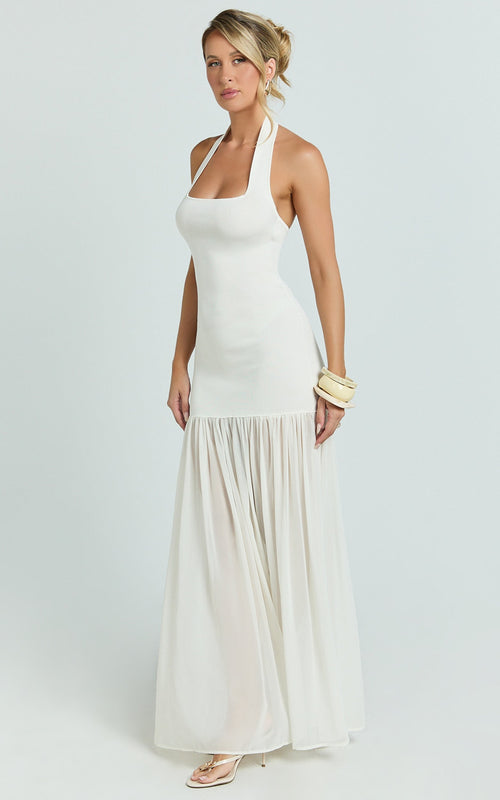Barbara Maxi Dress - Halter Scoop Neck Contrast Georgette Dress in Ivory