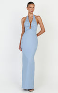 Baya Maxi Dress - Gathered Plunge Neckline Halter Dress in Pale Blue