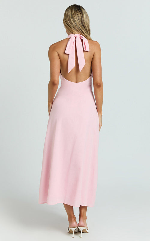 Beata Midi Dress - Plunge Halter A Line Dress in Pink