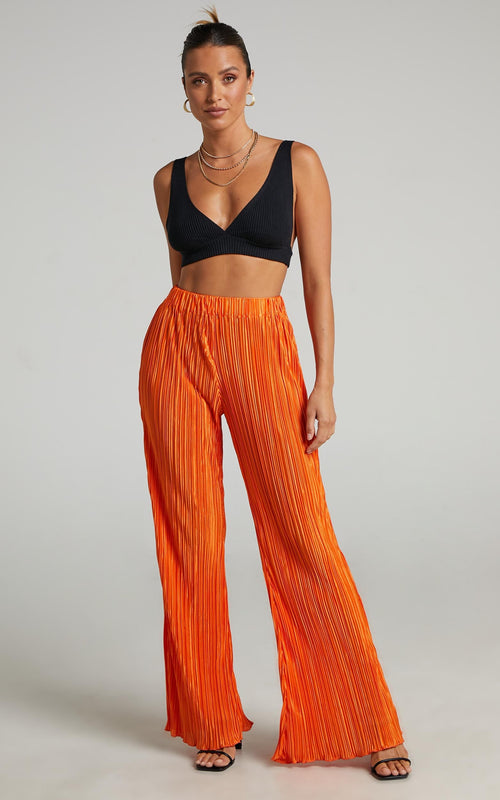 Beca Pants - High Waisted Plisse Flared Pants in Bright Orange